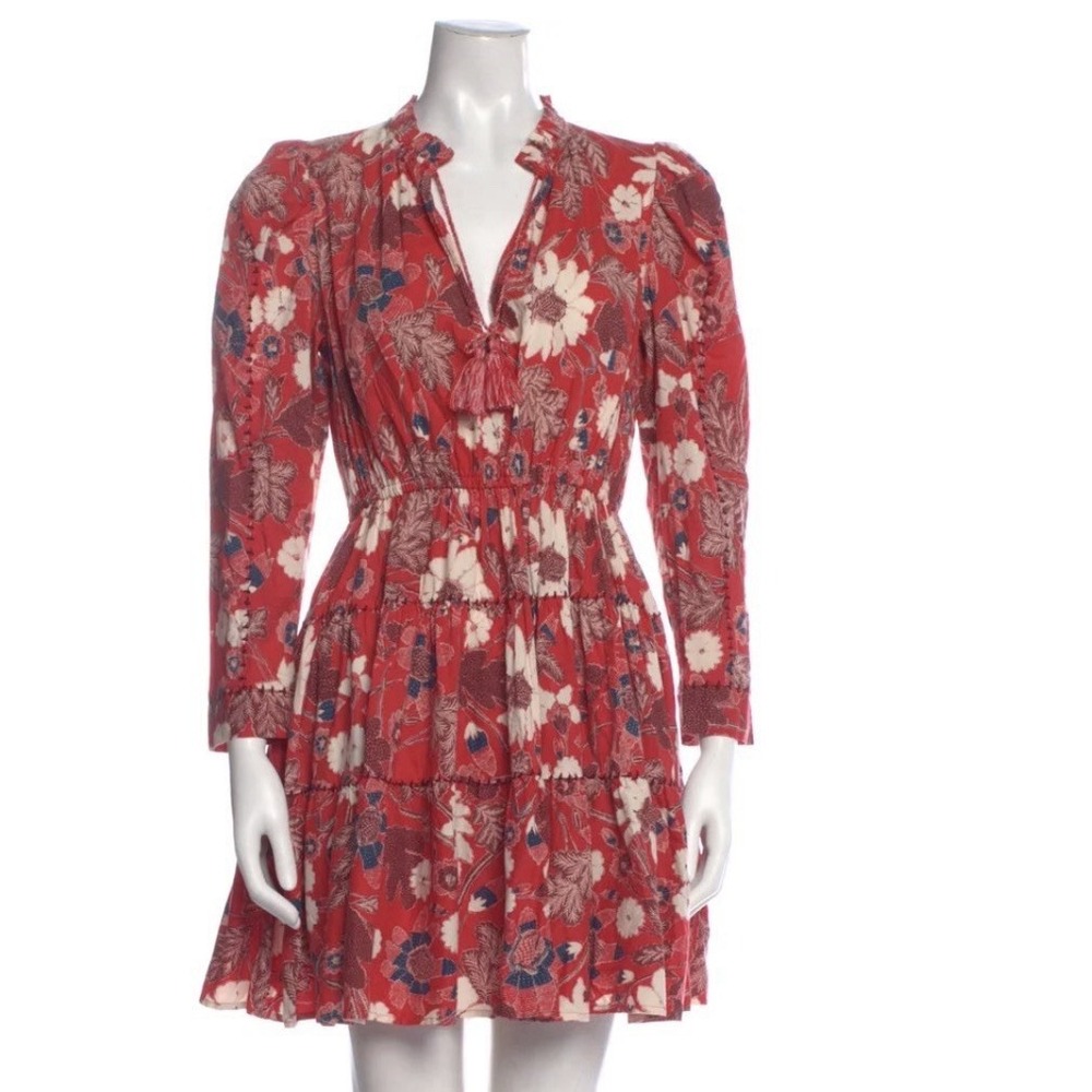 Ulla Johnson Women's Liv Floral Mini Dress Red Poppy Puf Sleeve Tassel Boho Sz 2